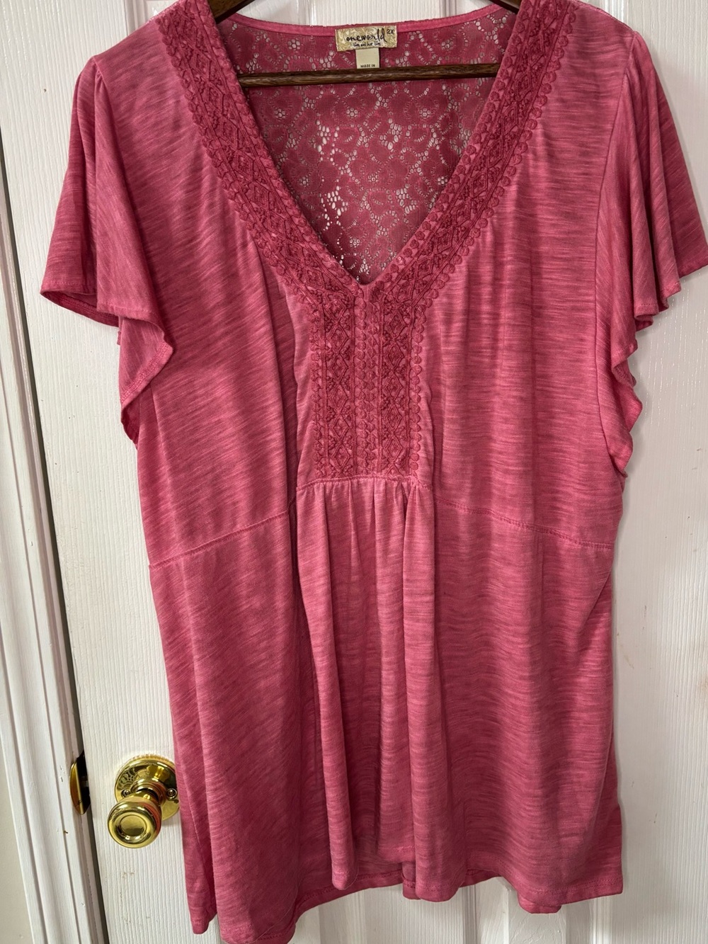 ONE WORLD Pink V-Neck Lace Accent Flutter Sleeve Tunic